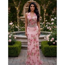 Elegant Pink hand beaded Floral Halter Evening Dress on stretch fabric