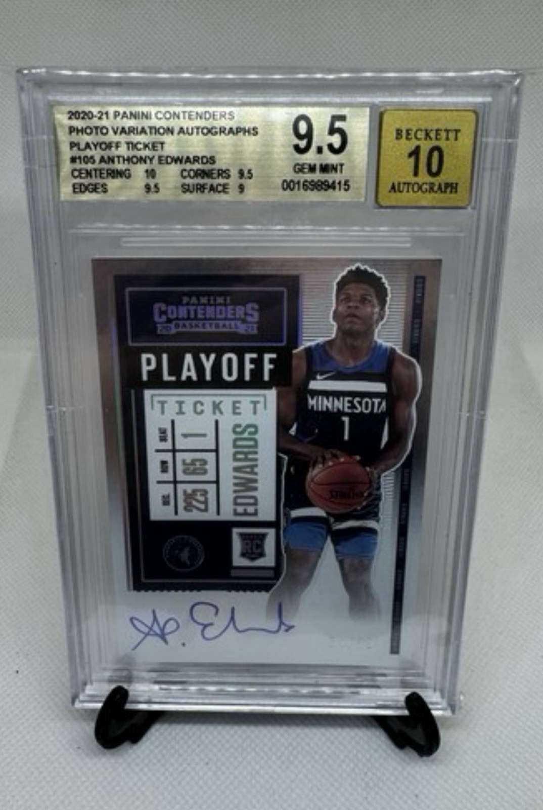 ANTHONY EDWARDS BGS 9.5 2020-21 CONTENDERS #105 PLAYOFF TICKET ROOKIE AUTO /99