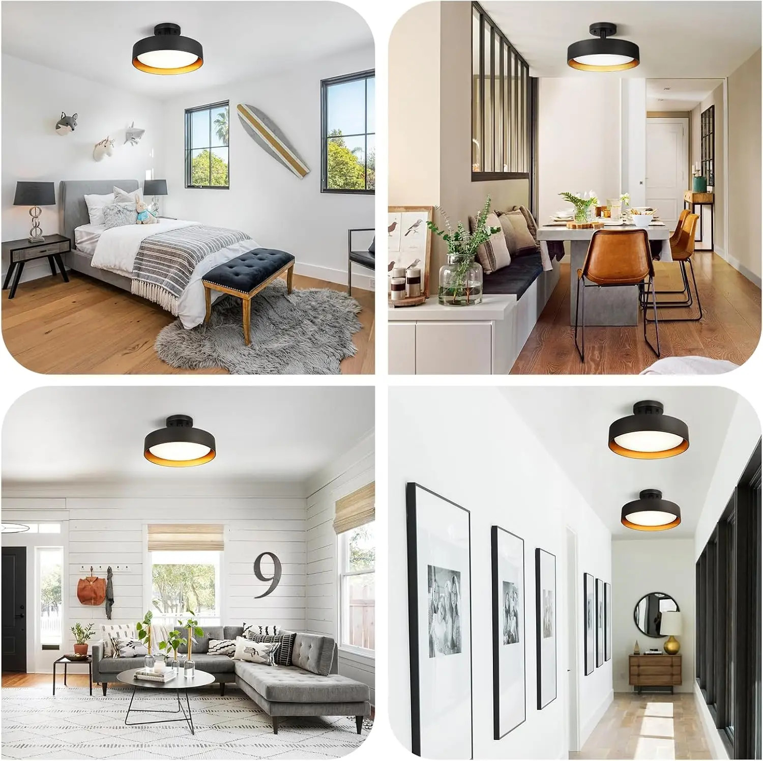 Semi Flush Mount Ceiling Lights, 12 Inch 25W LED Ceiling Light Fixture Black for