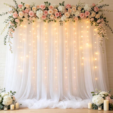 White Sheer Tulle Backdrop Curtain with Lights String for Parites 10 10ft Sheer