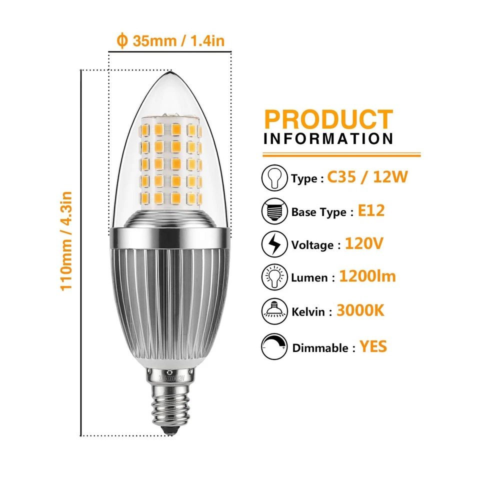 LED Candelabra Bulb, Non-Dimmable, 100 Watt Equivalent, 12W LED Candle Bulbs,... - Image 2 of 4
