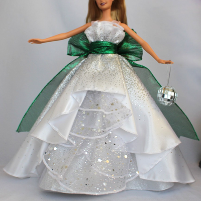 #ad Silver White Barbie Dress Emerald Green Sash Satin Gown fit Model Muse MTM SS $27.99