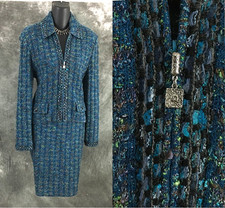 BEAUTIFUL St John collection knit blue multi jacket skirt suit size 4
