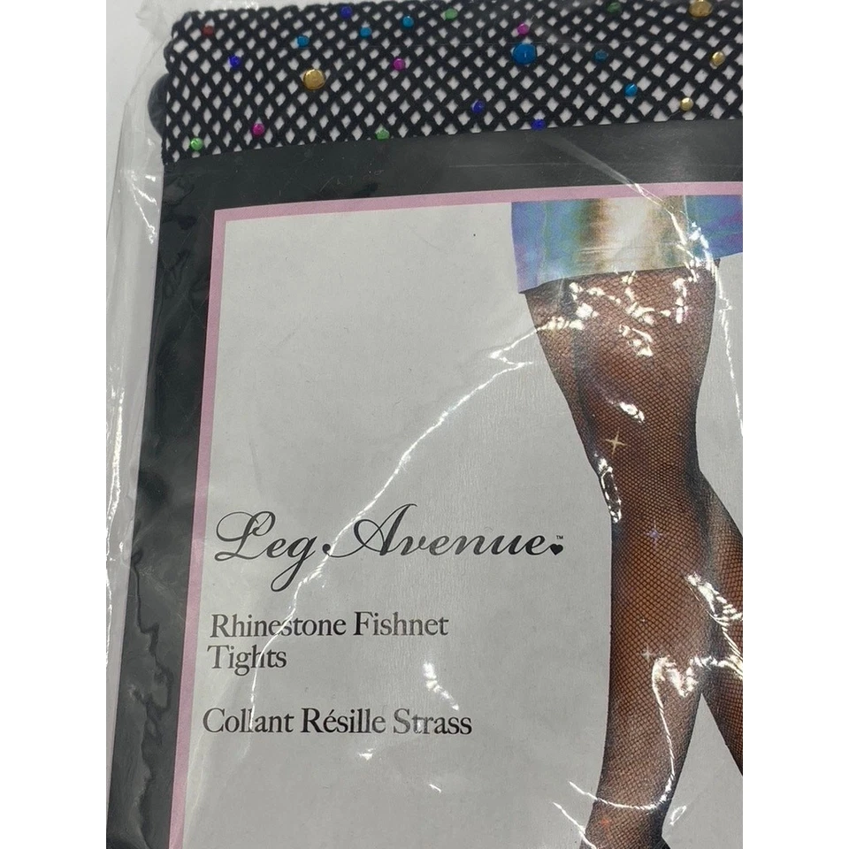 LEG AVENUE Women’s Black-Multicolor Rhinestone Embellished Fishnet Tights SZ OS - Image 2 of 4