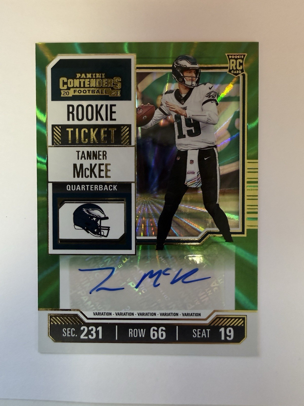 2023 Panini Contenders - Rookie Ticket Green Laser #135 Tanner McKee Auto