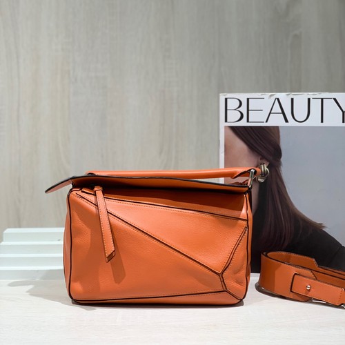 Loewe Puzzle Small Orange Leather Silver HW Shoulder Bag Preowned Authentic