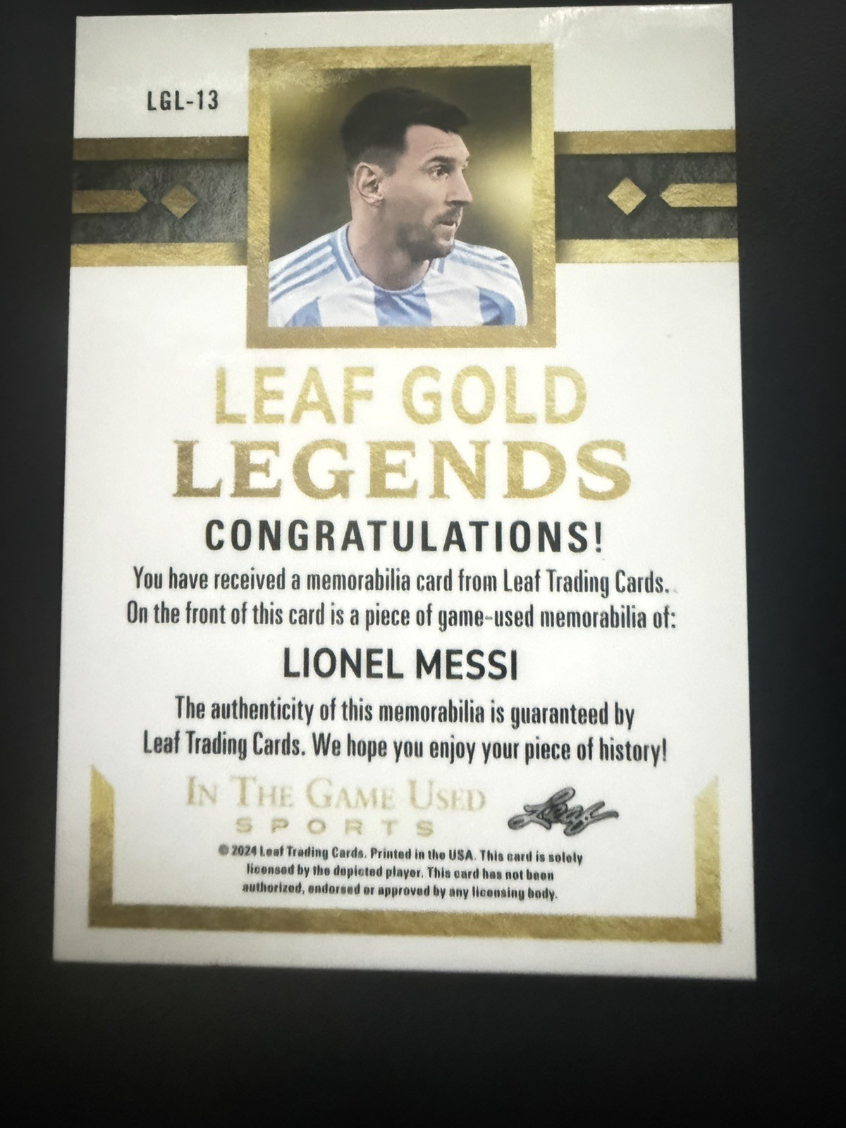 Lionel Messi 2024 Leaf In The Game Used Leaf Gold Legends 11/20 view 2