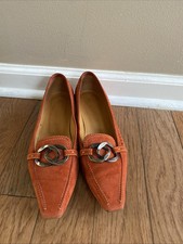 TOD S Kitten Heel Loafer Women s Orange Suede Leather Pointed Toe Sz 9