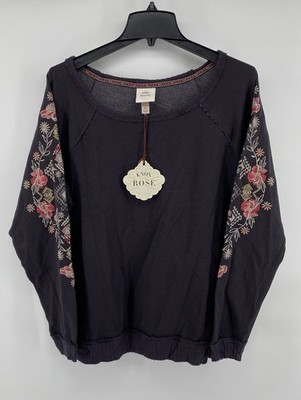 Knox Rose Women s Dark Charcoal Floral Embroidered Long Sleeves Boho Raw Edge XL