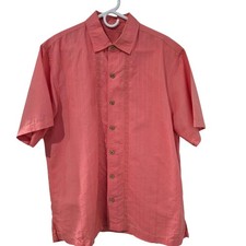 Caribbean Button Down Shirt Mens L Pink Excellent Linen Blend Embroidered Floral