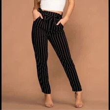 Paper bag pants size small- medium High Waist Tie Pin Stripe white black @