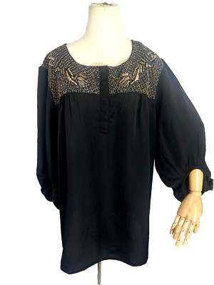 Avenue Womens Top Black Plus Size 26 28 Beaded Balloon Sleeves New w/tag