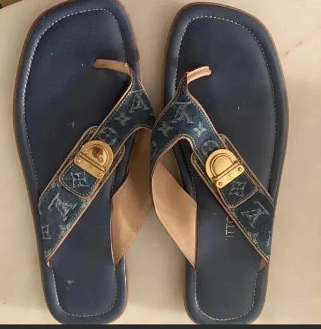 Louis Vuitton Monogram Blue Denim Women Shoes Flip Flop Sandal Flat US-7 It 37.5 Louis Vuitton Monogram Blue Denim Women Shoes Flip Flop Sandal Flat US-7 It 37.5