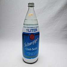Vintage Full Schweppes Club Soda 1 Liter Bottle Styrofoam Foam Label Unopened