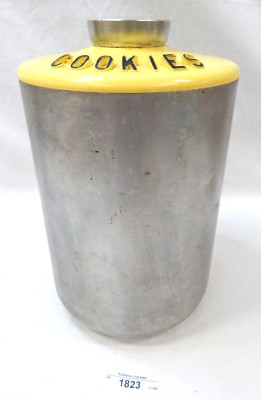 325/1823 Vintage Kromex Spun Aluminum Cookie Yellow Lid Canister 9 1/2 inches