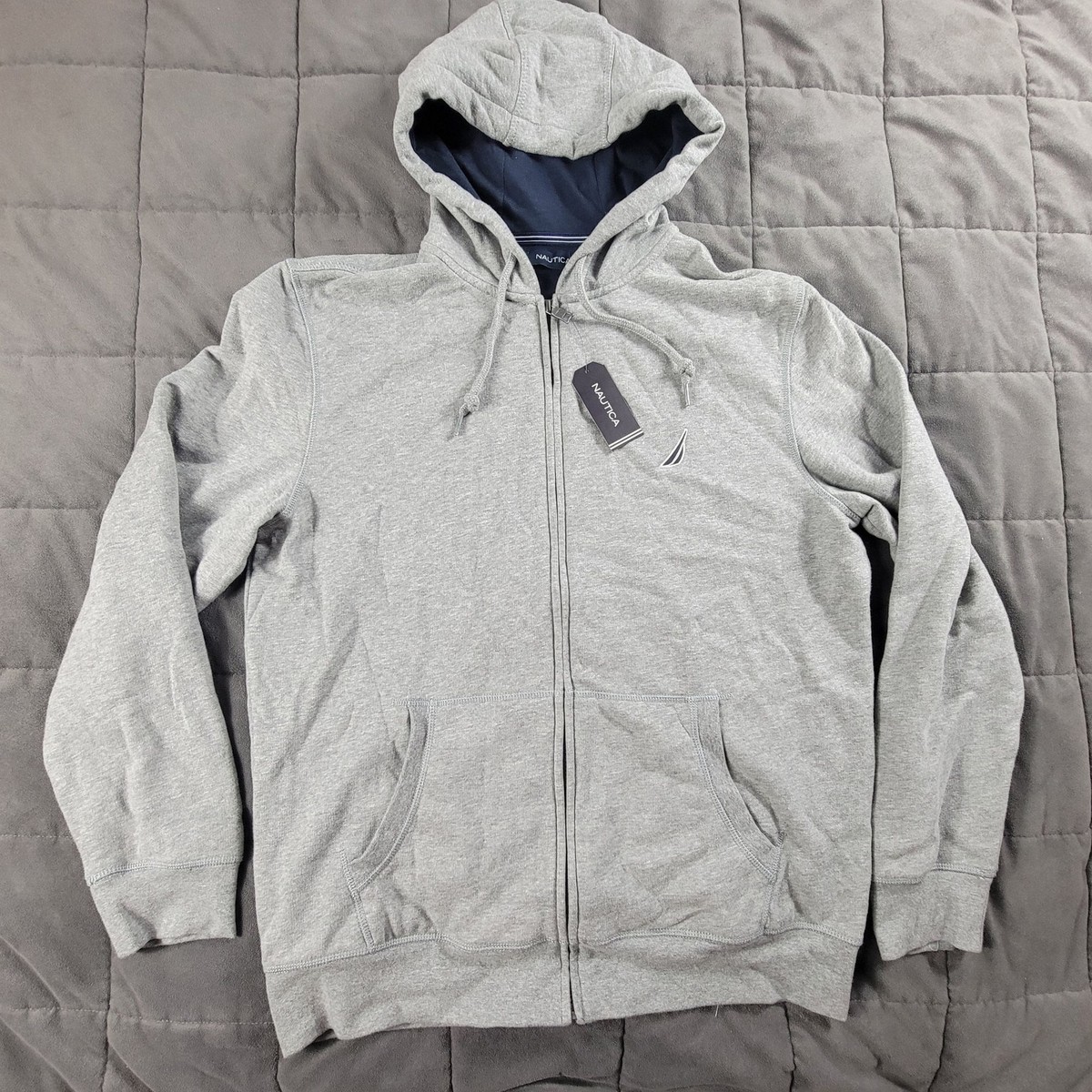 Nautica Mens Large Gray Full Zip Sweater Hooded Long Sleeve Warm