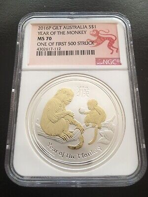 2016 P Australia GILDED Silver Lunar Year of Monkey NGC MS 70 1 oz Coin w/OGP