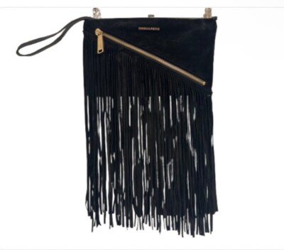 DSQUARED2 Fringe 2Tone Black Suede And Leather Clutch 