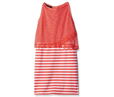 AMY BYE GIRLS CROCHET TRIM POPOVER DRESS, CORAL 12