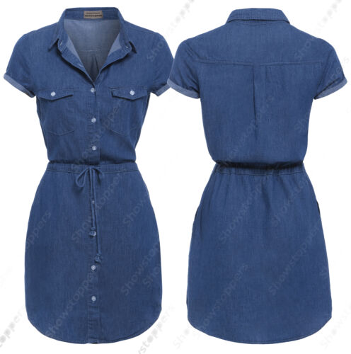 NEW Womens Longline Denim Shirt Dress Ladies Jean Dress Blue Size 10 12 ...