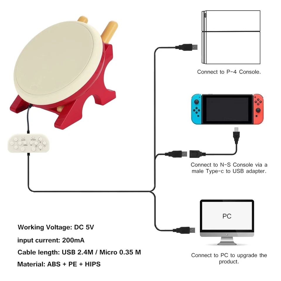Taiko Drum Master Controller Nintendo Switch PC PS3 PS4 Series Dobe Fomis 4in1 - Image 3 of 4