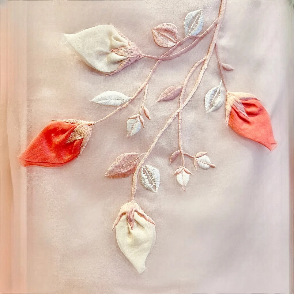 Vintage 1950s Pink Floral Embroidered Cocktail Full Skirt Dress Gown Size Small - Image 3 of 4