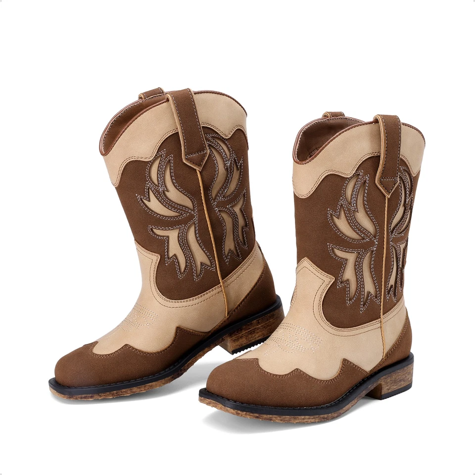 Niños Niñas Botas Occidentales Punta Cuadrada Media Pantorrilla Botas de Montar Vaquera Botas de Vaquero Foto 4 de 4