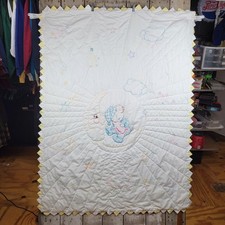 Vintage Handmade Baby Quilt Moon Bear Embroidered Crib Blanket 55x41 Yellow Trim