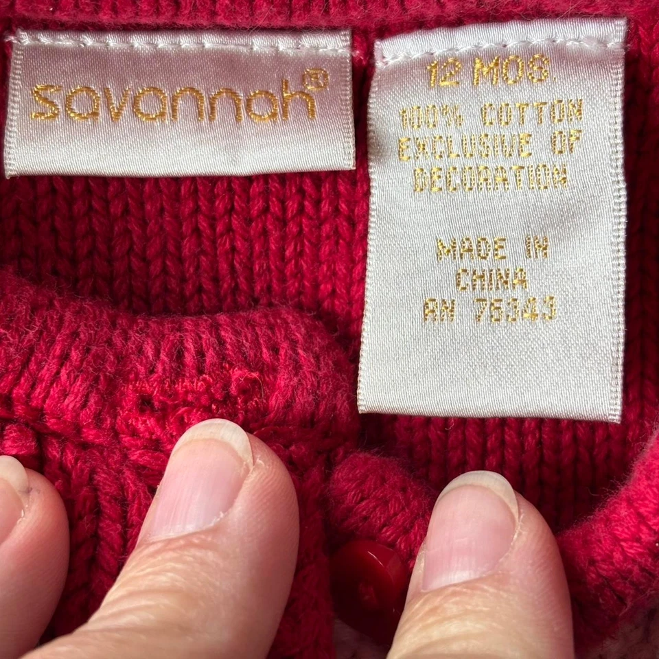 Savannah Baby Girl 12M Pink Red Knit Winter Ice Skates Snowflake Cardigan - Image 3 of 4