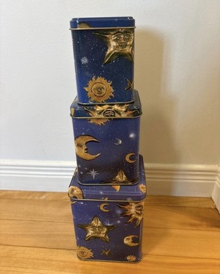 Rare Vintage 90s Celestial Sun Moon Stars Nesting Tins Whismigoth Decor blue