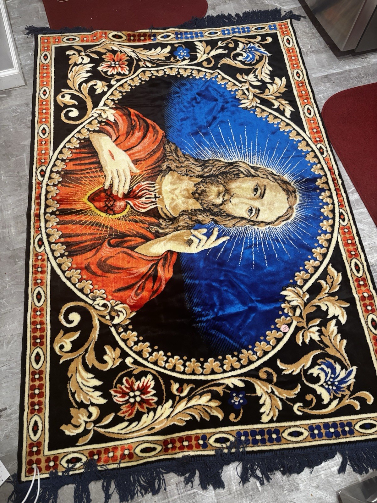 This item is a vintage-style Sacred Heart of Jesus velvet wall tapestry or rug