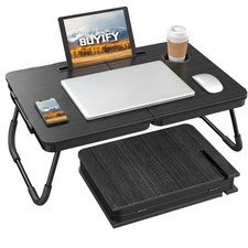 Foldable Lap Desk Bed Table w/ Cup Holder Tablet Slot Black 23.4"x15.75"