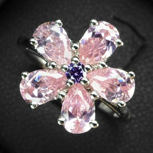 Floral Bubblegum Pink Tourmaline 925 Sterling Silver White Gold Rings Size 6.5