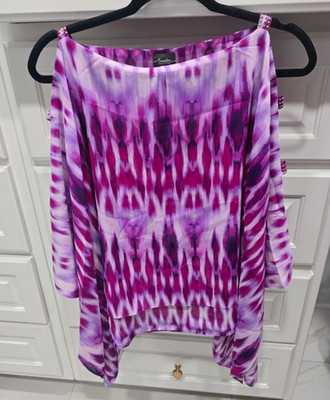 Chico's Travelers Purple/Pink/White Tie-Dye Chiffon Sheer Boat Neck Blouse 1