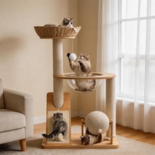 Modern Wooden Cat Tree Indoor Cats Furniture Style Cat Tower W/ Handwoven Basket