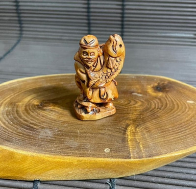 Netsuke Ebisu Wooden Hand Carved Boxwood EDO Era Antique From JAPAN Japanese JP