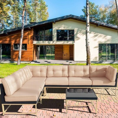 7 Pcs Outdoor Patio Furniture Set Sectional Sofa Rattan Wicker Sofa W/ Table