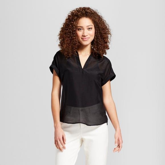 TARGET A New Day Women's Any Day Short Sleeve Popover Shirt BLACK Sheer