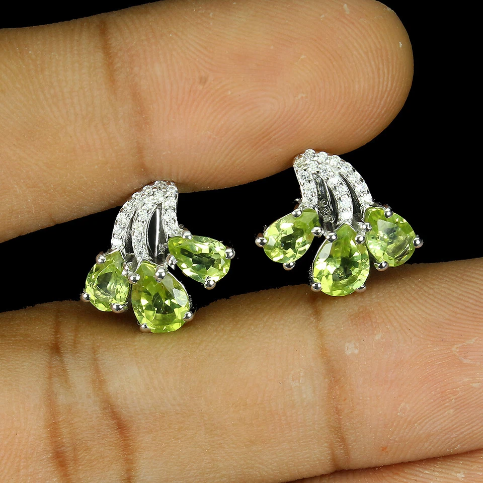 925 Sterling Silver Earrings Pear Peridot 7x5mm Simulated Cz Gemstone Jewelry - Image 2 of 4