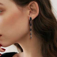 Natural Black Onyx Gemstone Long Dangle Earrings KITE 925 Silver Women Jewelry