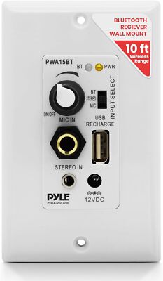 Pyle Wireless BT Receiver Wall Mount - 100W In-Wall Audio Control Receiver w/ Bu