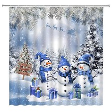 Snowman Shower Curtain Christmas Winter Pine Tree Forest Cute Blue Snowman Xm...
