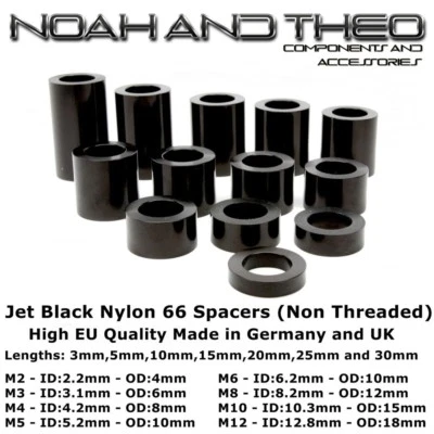 NOAH AND THEO 12x Jet Black Nylon 66 Plastic SPACERS Standoff Washer M2 M3 M4 M5 M6 M8 M10 M12