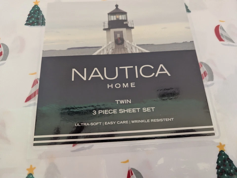 Juego de sábanas dobles Nautica Holiday Sails velero árbol nuevo funda de almohada plana ajustada Foto 4 de 4