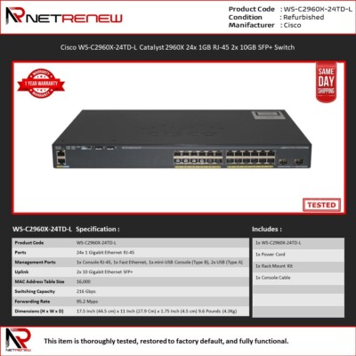 Cisco WS-C2960X-24TD-L Catalyst 2960X 24x 1GB RJ-45 2x 10GB SFP+ Switch