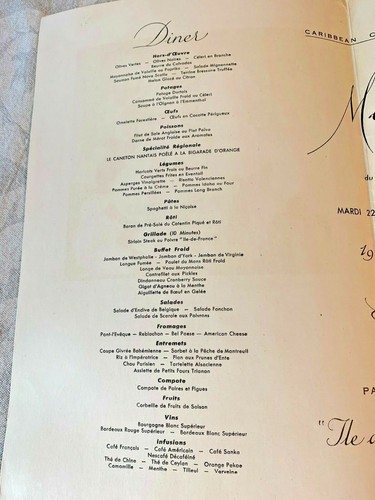 1955 Vintage Carribean Cruise French Menu with Lovely Watercolor Cover and Music - Picture 7 of 11