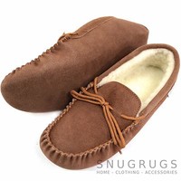 SNUGRUGS MENS GENUINE SUEDE MOCCASIN SHEEPSKIN SLIPPERS SOFT SOLE LIGHT BROWN