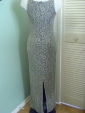VTG 80s METALLIC lace CROCHET Illusion PROM MAXI DRESS