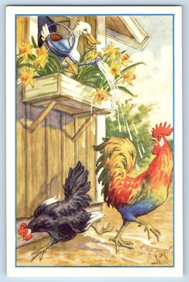Curt Nystrom Signed Postcard Easter Rooster Chicken Duck Water Can c1910's