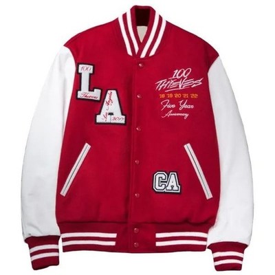 100 Thieves 5 Year Anniversary Varsity Jacket Red White Letterman Bomber Coat